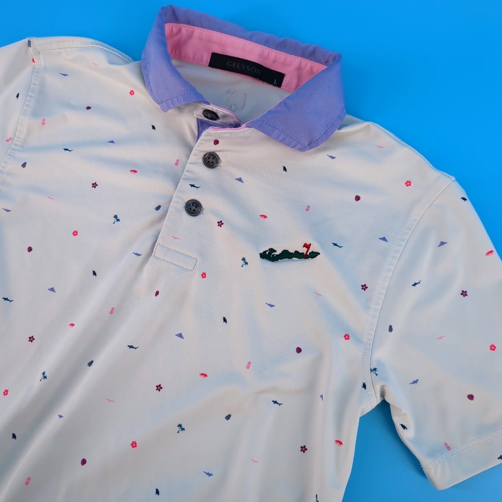 Greyson Kids Golf Polo Shirt Large 8-9 White Tropical Print Performance Top